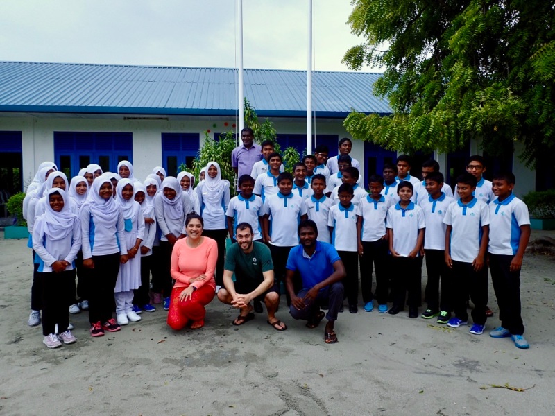 Claire with Baa.Hithaadhoo school children
